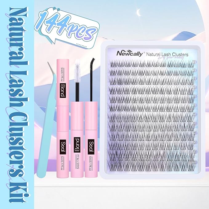 Natural Lash Clusters Kit Wispy Lash Extension Kit Cluster Eyelash Extension C-curly Cluster Lashes Kit DIY Eyelash Extension Kit Natural Eyelash Clusters with Lash Bond and Seal by Newcally