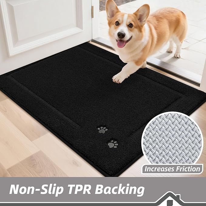 BEQHAUSE Dog Door Mat for Mud Paws Dirt Trapper Doormat Non-Slip Entryway Rugs Absorbent Welcome Mat Washable Indoor Floor Mat Low-Profile for Front Door, 20" x 32", Black