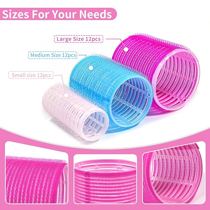 Hair Rollers Large Small 50PCS Set, 36PC Large Medium Small Hair Rollers for Volume Curlers with 12PC Clips 1 Tail Comb and 1 Folding Brush Comb for Short Medium Blowout Look Long Hair