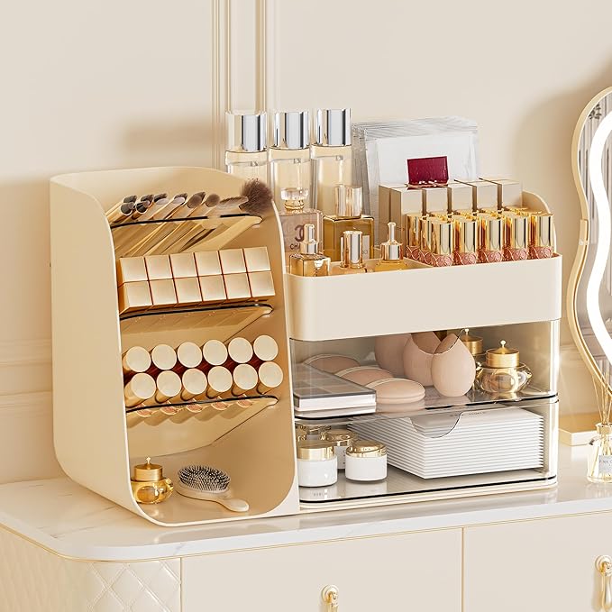 FYABREEK Makeup Organizer with 2 M Drawers & Brush Holders - Cosmetic Storage Case for Vanity, Bathroom Countertop & Desk - Skincare & Office Supplies Organizer (Cream, M)