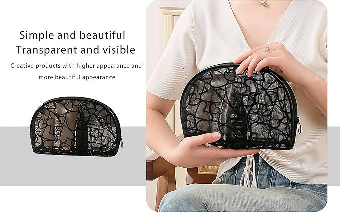 4 Pieces Heart Printed Mesh Makeup Bag Set, Portable Travel Mesh Cosmetic Bags Toiletry Bags Makeup Purse Bags with Zipper Storage Pouches for Home Offices Travel Accessories (Black)