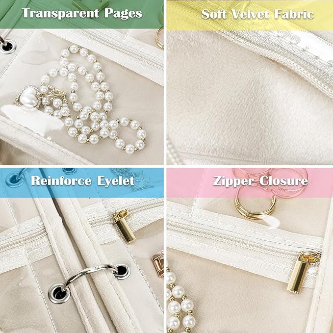 Travel Jewelry Organizer Case,Jewelry Bags Jewelry Storage Book Binder with Clear Zipper Velvet Pouch for Traveling,Earrings, Rings, Necklace, Bracelet (White)