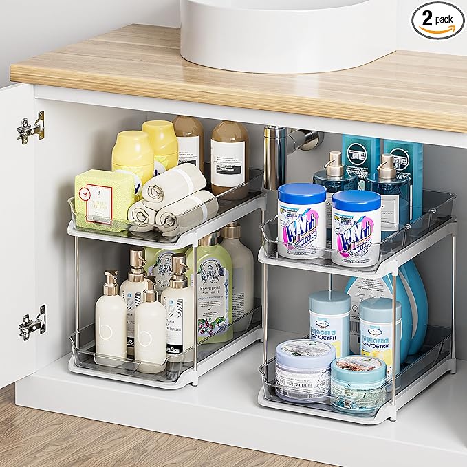 Delamu 2-Tier Multi-Purpose Bathroom Under Sink Organizers and Storage, Stackable Kitchen Pantry Organization, Pull Out Medicine Cabinet Organizer with Movable Dividers, Grey, 2 Pack