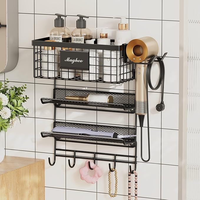 Hair Dryer Holder Wall Mounted, Adheisve Hair Styling Tool Organizer for hair Brush/Appliance Wall Mount with 4 Tier Shelf Basket Hooks Blow Dryer and Straightener Holder for Bathroom(Black)