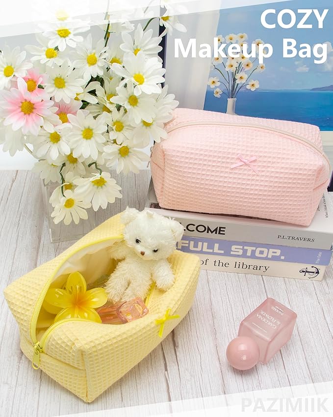 PAZIMIIK 6PCS Cozy Makeup Bag Travel Cosmetic Bag for Women Soft Toiletry Bag Aesthetic Makeup Organizer Portable Large Zipper Pouch for Skincare Beauty Accessories Brushes Waffle Check Yellow
