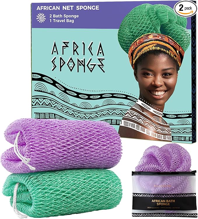 Authentic African Net Sponge 2 Pieces - Back Scrubber for Body - Seawave & Lilac Exfoliating Washcloth with Knots for Shower - Shower Exfoliator for Women Self Care Body Loofah Bath Essentials
