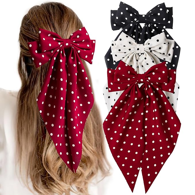 3 PCS Hair Bows for Women, Big Bow Hair Clips for Girls, Silky Satin Hair Bows Clips Oversized Long Tail, Large Hair Barrettes Cute Aesthetic Hair Accessories, Metal Bow Hair Clips Polka Dot