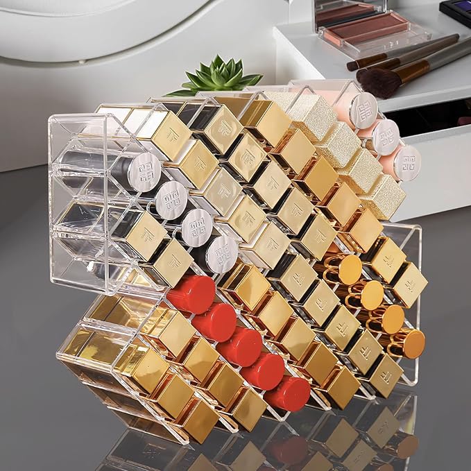 Lipstick Organizer, 28 Slots Acrylic Lip Holder, Stackable Lip Gloss Organizer, Fish Lipstick Tower Holder Storage for Cosmetic Bathroom Vanity Countertop Display (28 Slots)