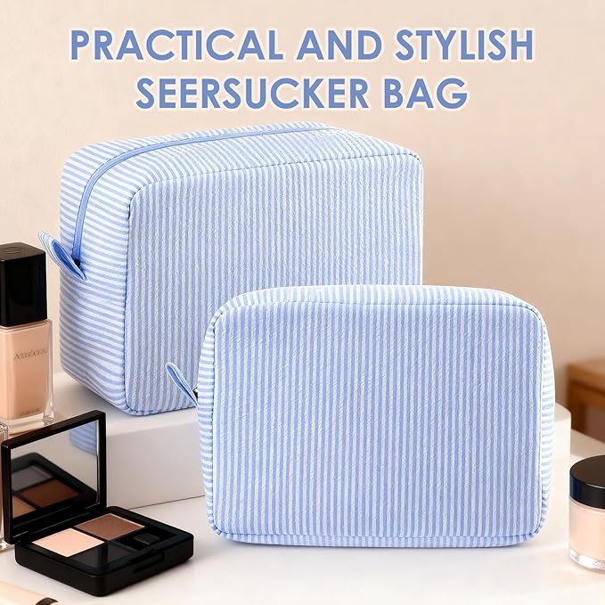Sanwuta 6 Seersucker Cosmetic Bag Bulk Pinstripe Makeup Bag for Women Aesthetic Cute Travel Toiletry Organizer Preppy Storage Pouch for Wedding Bridesmaid Christmas Gift (Large,Light Blue)