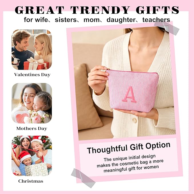 Initial Makeup Bag Set - Cute Pink Stuff for Women, Personalized Makeup Pouch Cosmetic Bag, Travel Essentials Toiletry Bag, Birthday Christmas Gifts for Women Stocking Stuffers, Pink Letter E