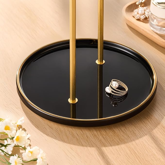 Gold Jewelry Holder Stand with Ceramic Tray: Small Hanging Necklace Organizer Tree for Earrings, Bracelets, Rings – Jewelry Display Hanger for Women & Girls, Black