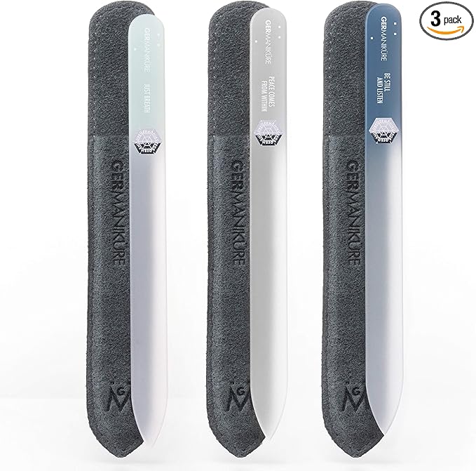 GERMANIKURE Czech Crystal Glass Nail File 3 Pack in Suede Sleeves - Professional Manicure & Pedicure Products for Smooth Easy Shaping of Natural Nails - Ideal Nail Care Gift