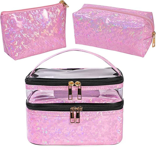 3 Pieces Makeup Bags Double Layer Travel Large Holographic Cosmetic Cases Organizer Toiletry Bags Waterproof Small Zipper Pouch for Women Makeup Brush Storage Bag,Light Pink