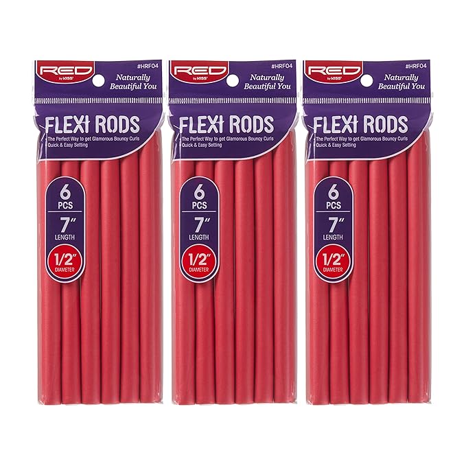 Red by Kiss Flexi Rods 7", 1/2" Diameter - Heatless Hair Curler for 90S Glamorous Bouncy Curls Beach Waves, No Slips, Sleep Styler (6 PCS x 3 Packs)