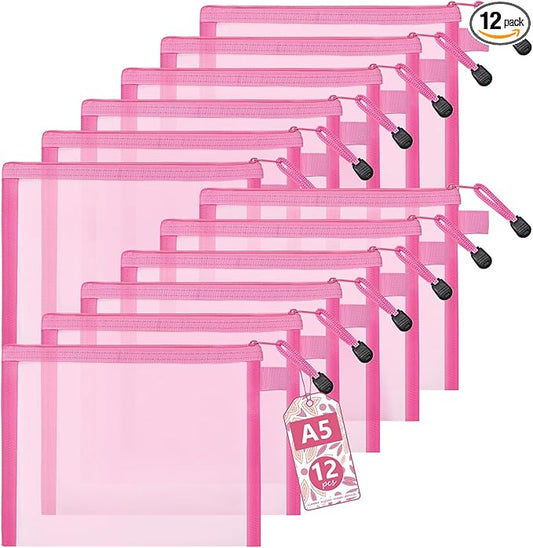 12-Piece Nylon Zipper Pouch Set, Pink Mesh Cosmetic Bags, Zippered Travel & Office Supplies Organizers - A5