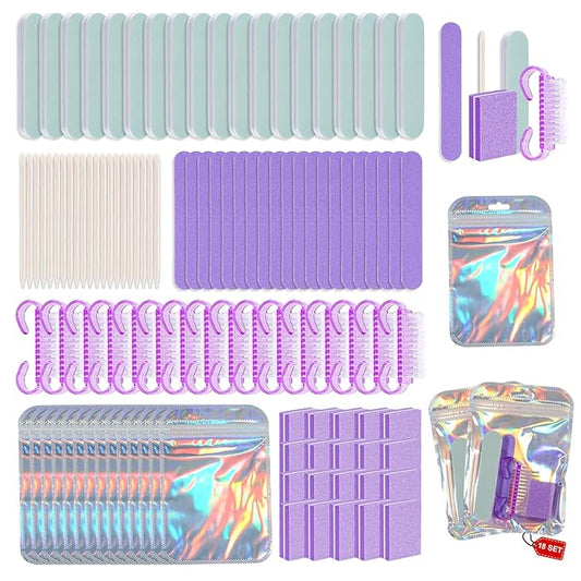 Disposable Manicure Kit Professional, 18 Set Press On Nail Tool Kit with Nail File, Nail Buffer, Nail Buffer Block, Nail Handle Brush, Wood Stick, Packaging Bag (Purple)