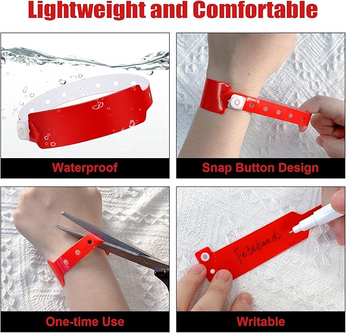 100pcs Colored Vinyl Wristbands, Waterproof & Security Wristbands for Events, Pool Parties & Outdoor Sports (Red)