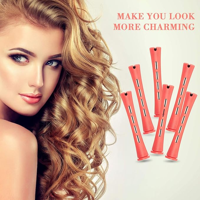 WILLBOND 96 Pcs Hair Perm Rods Plastic Cold Wave Perming Rod for Short Long Hair Curlers Heatless Roller with 2 Steel Pintail Rat Tail Comb for Hairdressing Styling Tool(0.51 Inch/ 1.3 cm,Pink)