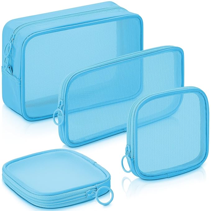 Weewooday 4 Pcs Mesh Makeup Bag Mesh Cosmetic Bag Travel Toiletry Pouch with Zipper Mini Makeup Cosmetic Purse for Daily Accessory(Small, Large, Medium,Blue)