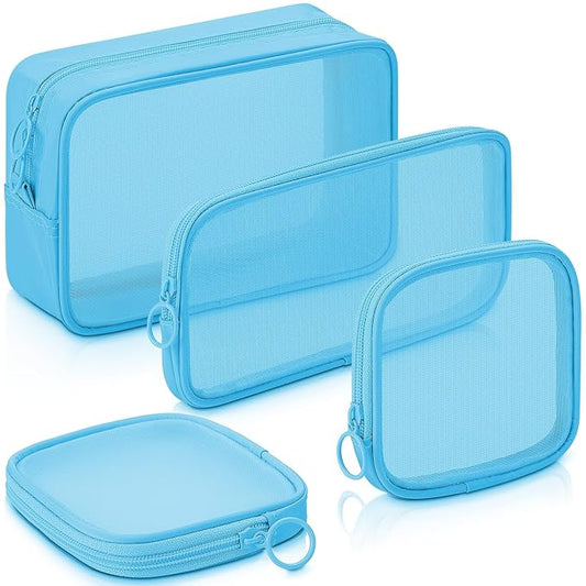 Weewooday 4 Pcs Mesh Makeup Bag Mesh Cosmetic Bag Travel Toiletry Pouch with Zipper Mini Makeup Cosmetic Purse for Daily Accessory(Small, Large, Medium,Blue)
