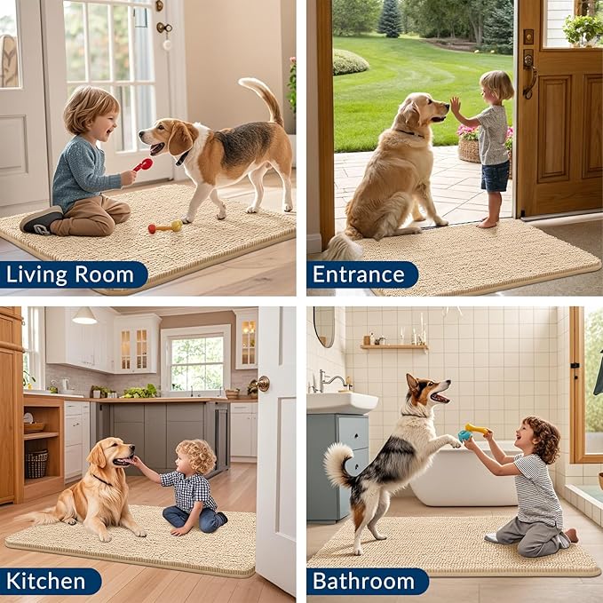 Smiry Dog Door Mat for Muddy Paws 40x24, Absorbs Moisture and Dirt Doormat, Non-Slip Washable Quick Dry Chenille Front Door Mat Indoor Entrance, Entryway Carpet for Inside Floor, Beige