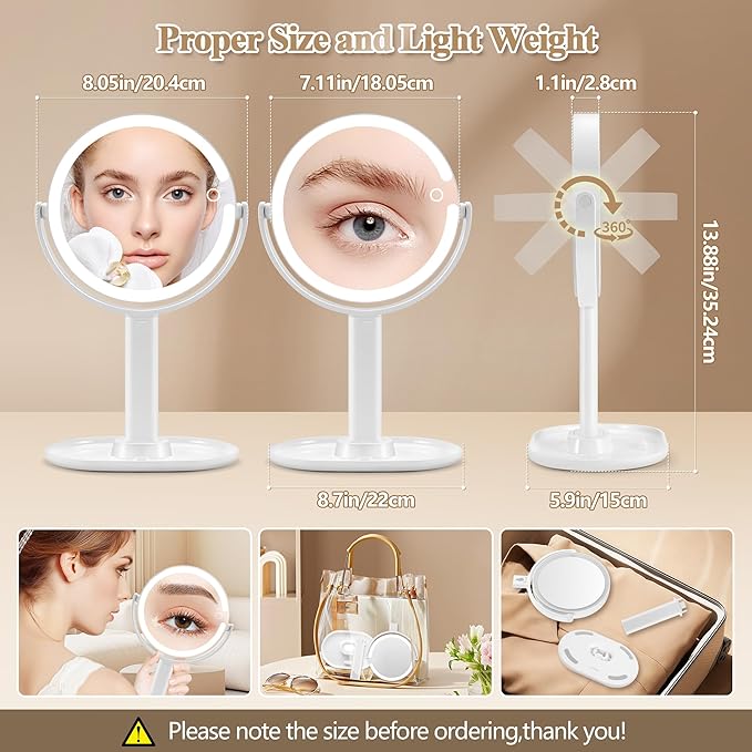 MOMOKUBA Makeup Mirror with Lights, Double Sided 1x/30x Magnifying Mirror with Light, Rechargeable 3 Color Lights and Adjustable Brightness, 360° Rotation Detachable Comes with Tweezer(White-30X)