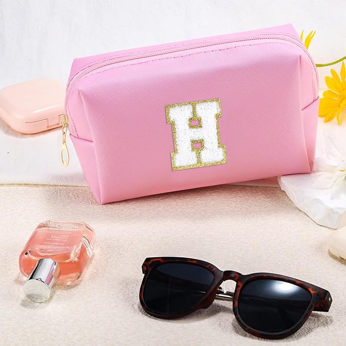 Initial Makeup Bag Personalized Preppy Travel Small Cosmetic Bag Cute PU Pink Chenille Letter Makeup Pouch for Purse Waterproof Zippered Toiletry Organizer for Women Girls Kids Friends (H)
