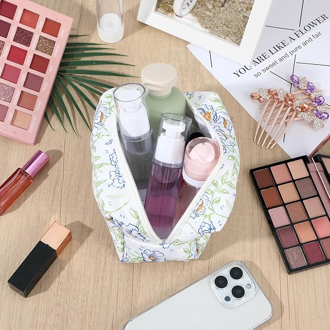 10 Pcs Cotton Floral Quilted Makeup Bags, Aesthetic Cosmetic Bags Portable Floral Makeup Pouch with Zipper Make Up Organizer for Women Travel Gifts