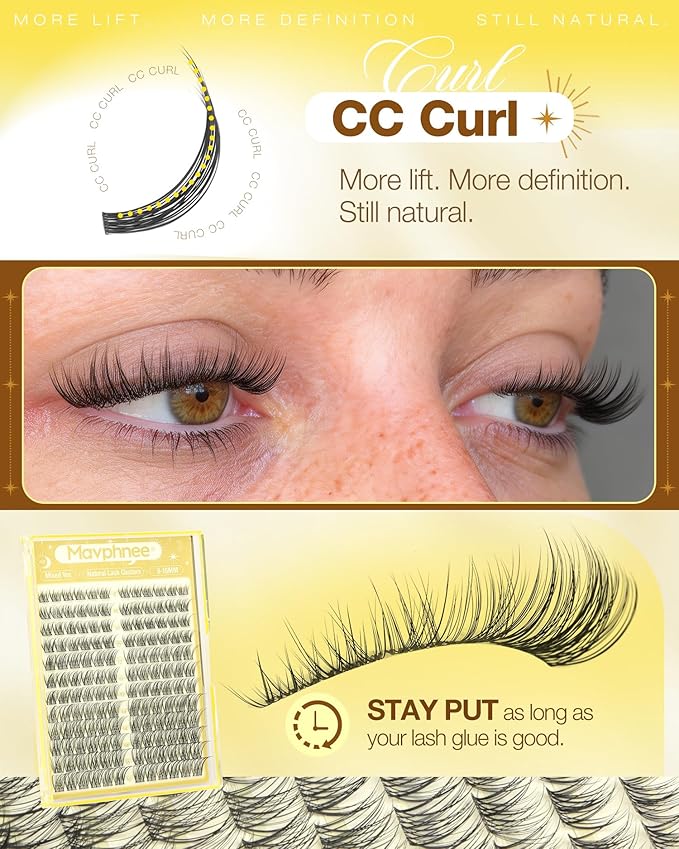 Natural Lash Clusters 8-16MM Wispy Eyelash Clusters with CC-Curly & Clear Band Pestañas Postizas Naturales 144Pcs DIY Eyelash Extensions at Home, Easy to Wear For Daily Makeup