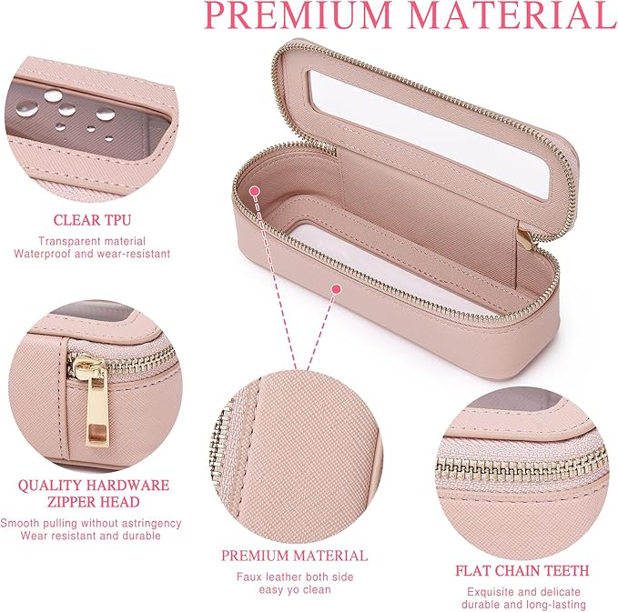 Makeup Brush Case Slim Clear Makeup Bag Travel Cosmetic Case and Waterproof Toiletry Makeup Bag with Zipper Purse Organizer for Women (Pink, Slim)