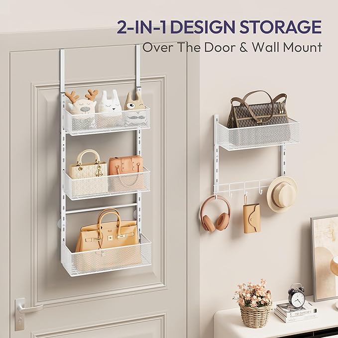 SWTYMIKI Over The Door Purse Organizer - Wall Mounted Purse Rack with 4 Adjustable Metal Basket and 6 Hooks, Hanging Bag Rack for Handbag Organizer, Bag Storage Can Use As 1/2 Part, for Door, Closet