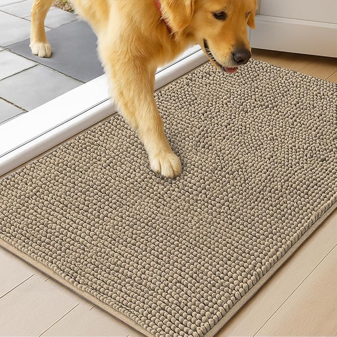 MudGuard Mat™ Dog Door Mat for Muddy Paws, Super Absorbent Microfiber, Non-Slip Indoor Mat, Quick Dry Chenille Mud Mat for Dogs & Entryway, Washable, Beige 24" x 36"