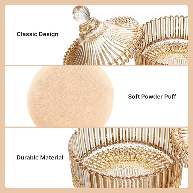 3 PCS Extra Large Body Powder Puff and Container - 6 In Glass Dusting Powder Container with Puff, Body Powder Puff for Women Soft Washable Reusable Fluffy Makeup Wet Dry (Amber)
