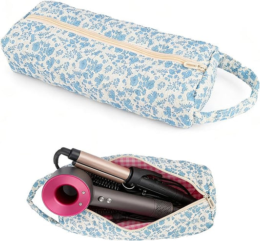 Hair Tools Travel Bag, Soft Compact Case Compatible with Dyson Airwrap & Shark Flexstyle, Curling Iron & Flat Iron Storage Organizer, 14" Portable Hair Accessories Bag（Blue Flower）