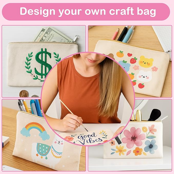meekoo 16 Pack Blank Canvas Pouch Zipper Cosmetic Bag Bulk Plain Makeup Pouch Sublimation DIY Craft Multipurpose Travel Toiletry Bag for Makeup Cosmetic Stationary Storage Organizer(L,Beige)
