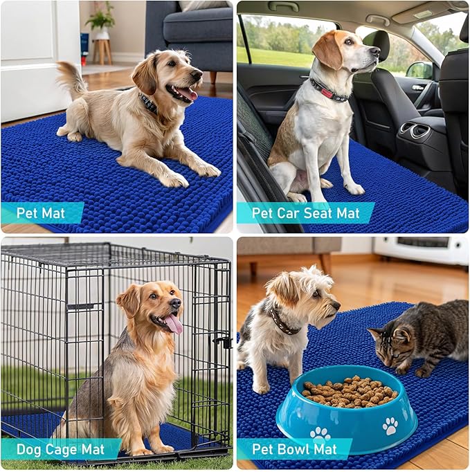 OLANLY Dog Door Mat for Muddy Paws 70x24, Absorbs Moisture and Dirt, Absorbent Non-Slip Washable Doormat, Quick Dry Chenille Mud Mat for Dogs, Entry Indoor Entryway Carpet for Inside Floor, Royal Blue