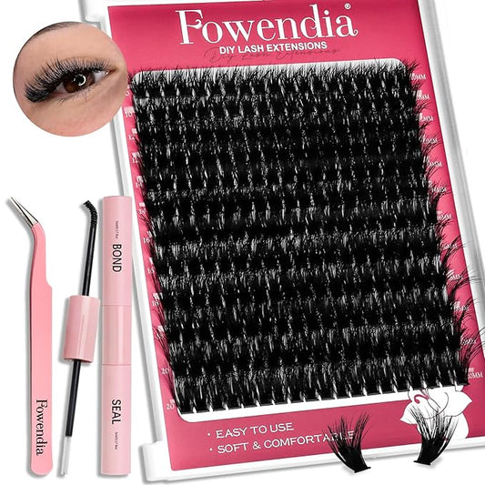 Fowendia Lash Clusters Kit Fluffy 80D Individual Lashes D Curl Cluster Eyelash Extensions 10-18mm DIY Lash Extension Kit Lash Bond and Seal Waterproof, Lash Applicator, Thick False Eyelashes Kit