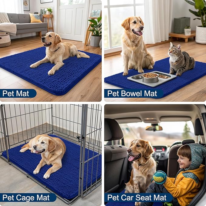 Smiry Dog Door Mat for Muddy Paws 47x24, Absorbs Moisture and Dirt Doormat, Non-Slip Washable Quick Dry Chenille Front Door Mat Indoor Entrance, Entryway Carpet for Inside Floor, Royal Blue