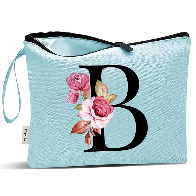 Vavabox A-Z Personalized Makeup Bag, Birthday Gifts for Women Mom, Gifts for Best Friend, Bride Bridesmaid Cosmetic bag (B, Green)
