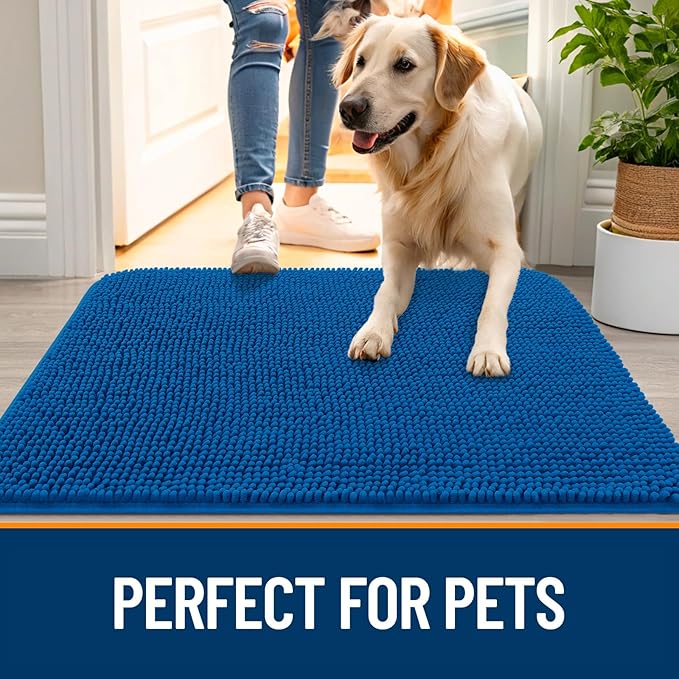 OLANLY Dog Door Mat for Muddy Paws 50x30, Absorbs Moisture and Dirt, Absorbent Non-Slip Washable Doormat, Quick Dry Chenille Mud Mat, Entry Indoor Entryway Carpet for Inside Floor, Deep Navy Blue