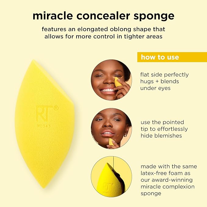 Real Techniques Miracle Concealer Sponge, Makeup Blending Sponge For Liquid & Cream Concealer, Elongated Shape For Precise Application Under Eyes & Tight Areas, Yellow, Latex-Free Foam, 2 Count