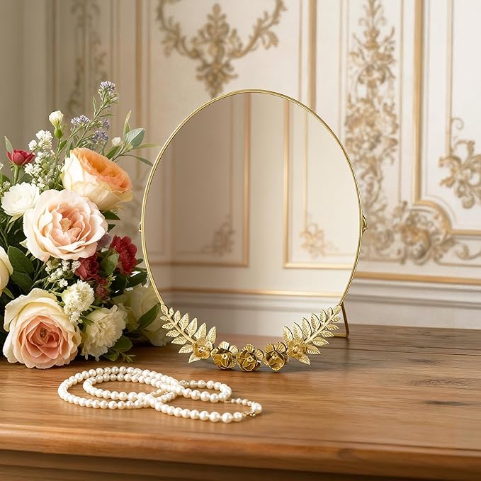 Golden Desk Oval Makeup Mirror with Blossoming Floral Accents – Lightweight Decorative Tabletop Vanity Mirror for Living Room, Bedroom, 10.04 x 11.81 Inches
