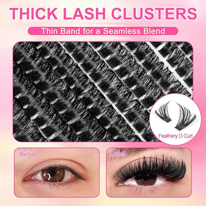 Fluffy Lash Clusters Kit 384Pcs, Wispy Volume (100D/200D) D-Curl Cluster Eyelash Extensions 10-18mm + Bond & Seal Glue + Tweezers - Reusable 15+ Times, Natural to Dramatic Volume