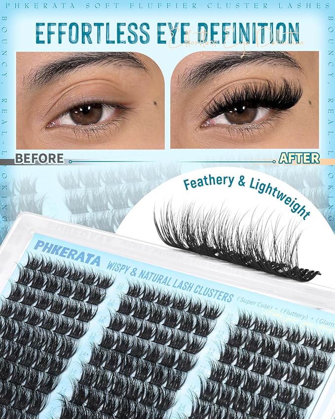 PHKERATA Fluffy Lash Clusters Kit Wispy DIY Eyelash Clusters for Volume, C Curl Cluster Eyelash Extensions Kit with Bond and Seal, at Home Lash Extension Kit, 10-16mm (No Tweezers)