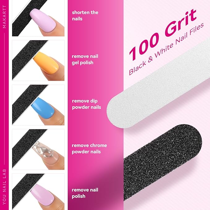 Makartt Mini Nail Files: 100/180 Grit Emery Boards for Nails, 100 Pcs Disposable Doubled Sided Coarse & Fine Bulk Manicure Kit Home Salon Use(Black White Pink Purple Brown)