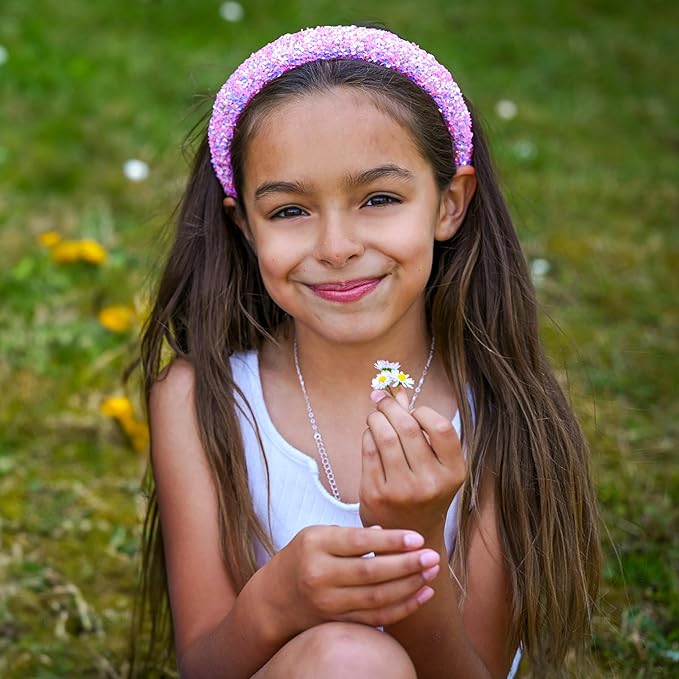 FROG SAC Sequin Headband for Girls, Sparkly Puffy Hair Band for Kids, Padded Toddler Head Bands, Sparkle Girl Hair Accessories (Pink, Child)