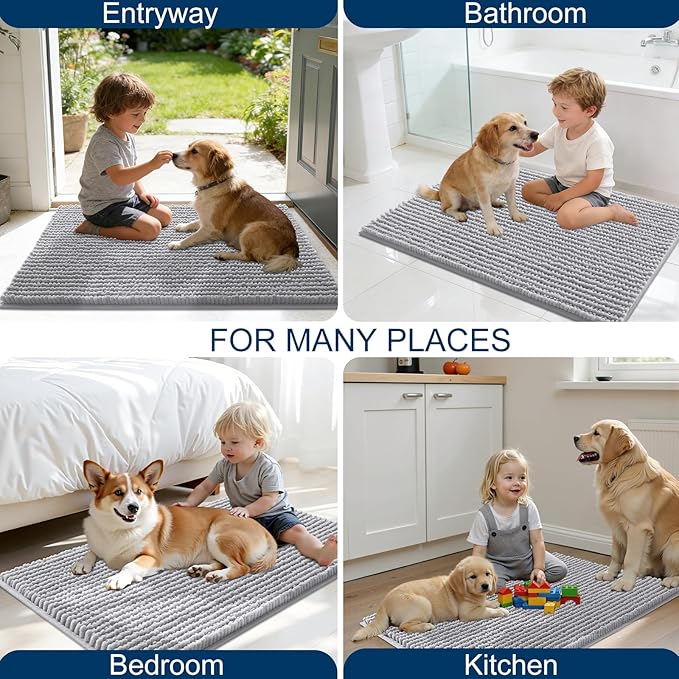 OLANLY Dog Door Mat for Muddy Paws 34x21, Ultra Absorbent Chenille Mud Doormat, Non-Slip Washable and Dirt Trapping Doormat for Indoor Entryway, Quick-Dry Indoor Pet Bed Mats for Dogs, Light Grey