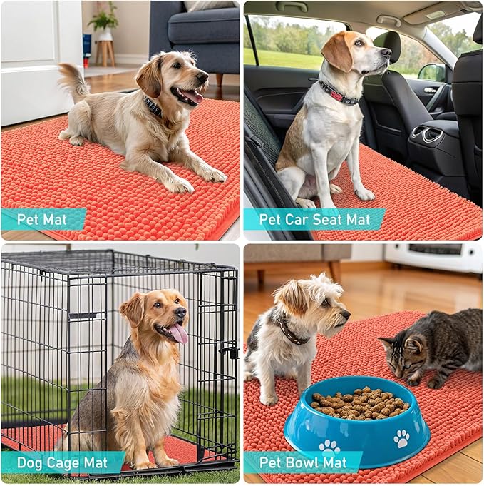 OLANLY Dog Door Mat for Muddy Paws 36x24, Absorbs Moisture and Dirt, Absorbent Non-Slip Washable Doormat, Quick Dry Chenille Mud Mat for Dogs, Entry Indoor Entryway Carpet for Inside Floor, Coral
