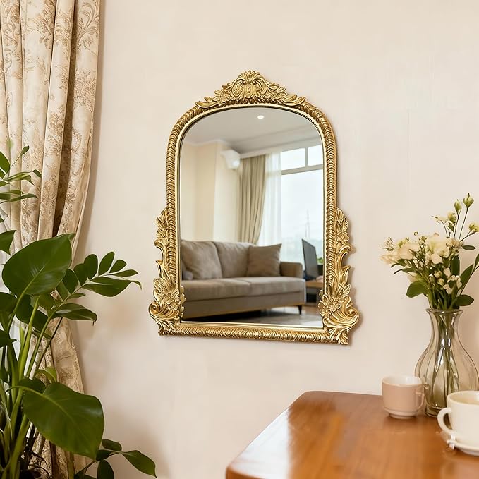 Baroque Gold Vintage Vanity Mirror 13x10 Inch, Wall-Mounted & Tabletop Dual-Use, Ornate Gold Accent Retro Decorative Mirror for Bedroom Dresser, Bathroom, Living Room and Dorm
