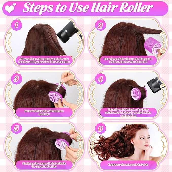 6 Size Hair Rollers for Women, 62 Pcs Rollers Hair Curlers for Blowout Look Long Medium Short Hair, Jumbo Large Medium Small Self Grip Curlers with 36 Roller 24 Clips 1 Storage Bag